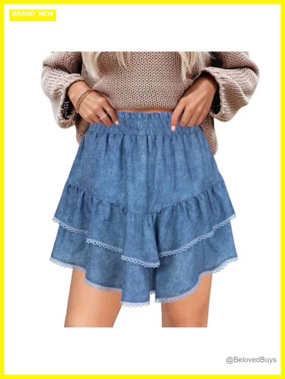 High Waisted Flowy Lace Trim Skort Mini Cotton Polyester